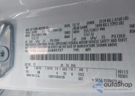 2018 Ford Escape Se z USA, uszkodzony, nr VIN 1FMCU9GDXJUA93727